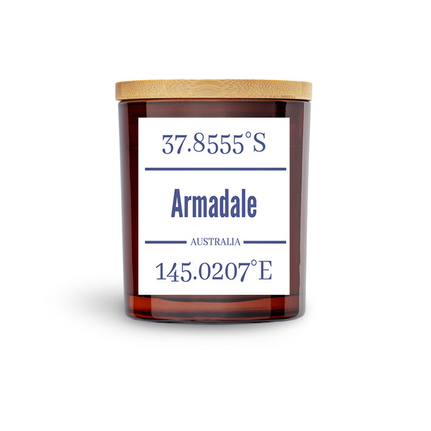 Destination Candle Armadale Victoria with GPS Co ordinates available in White or Amber Vessel with lid. 4 Scents to choose from.