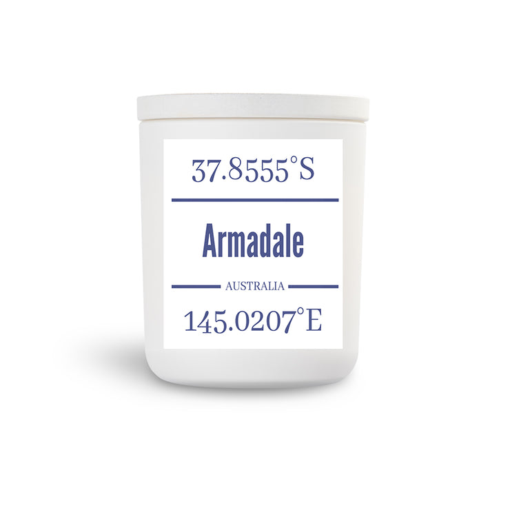 Destination Candle Armadale Victoria with GPS Co ordinates available in White or Amber Vessel with lid.  4 Scents to choose from.