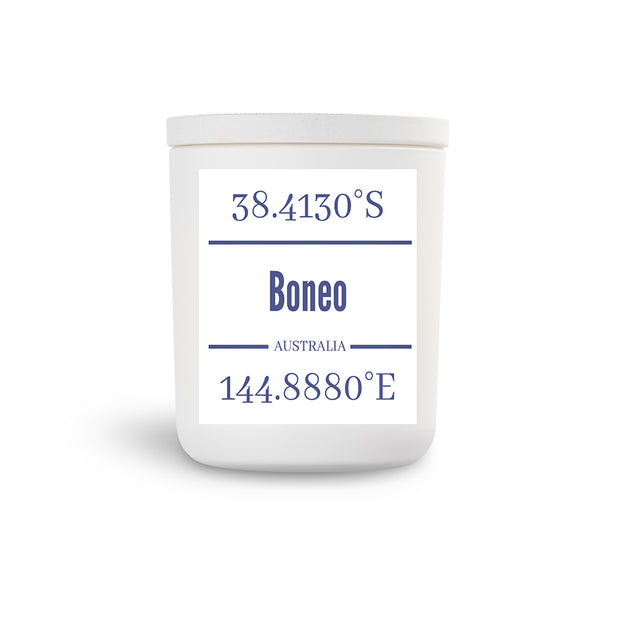 The Boneo VIC true north candle.  Available in White Vessel with White Washed Lid OR Amber Vessel with Amber Lid - Perfect souvenir