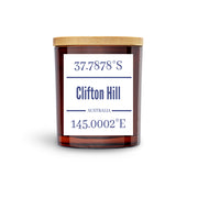 Clifton Hill True North Candle Amber Vessel with Raw Timber Lid available in 4 scents.