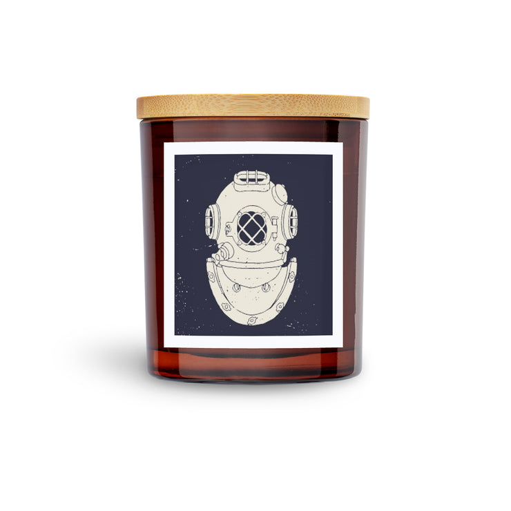 nautical dive helmet scented soy candle.  Cool pirate with tatoo on side of his face.  Amber vessel