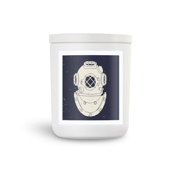Nauical Dive Helmet scented soy candle.  Cool pirate with tatoo on side of his face.  White vessel