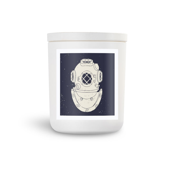 Nauical Dive Helmet scented soy candle.  Cool pirate with tatoo on side of his face.  White vessel