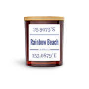 RAINBOW BEACH True North Candle Amber Vessel with Raw Timber Lid available in 4 scents.