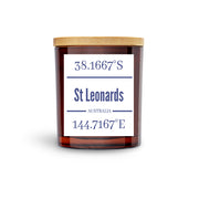 St Leonards VIC True North Candle Amber Vessel with Raw Timber Lid available in 4 scents.